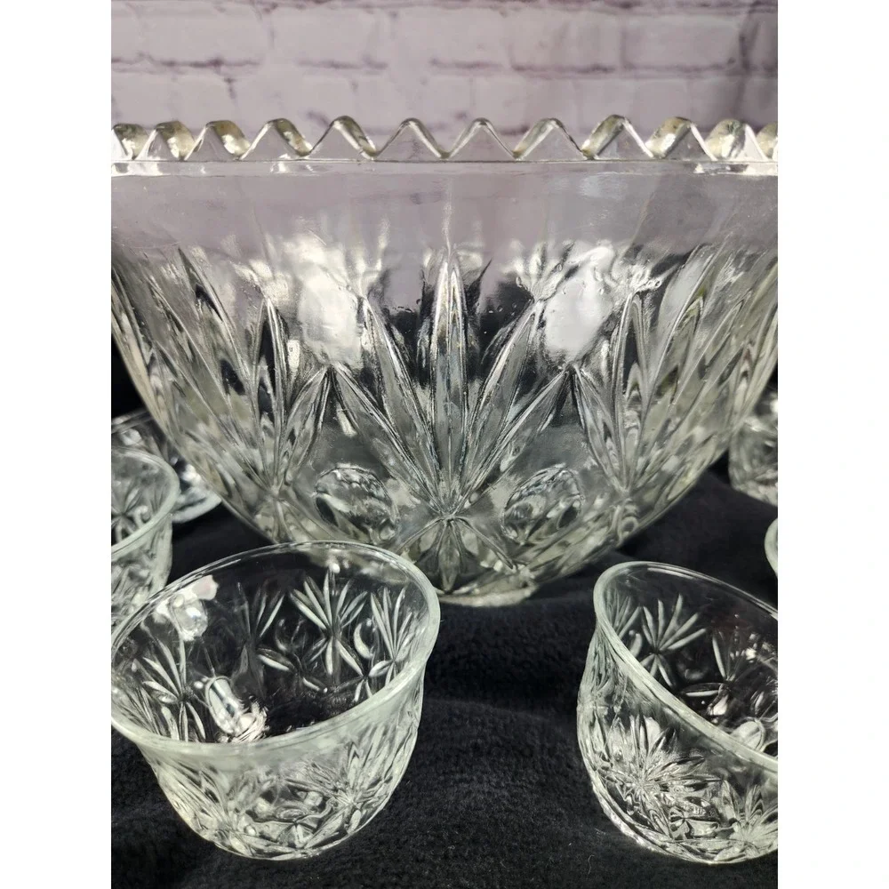 Gorgeous Vintage Large Glass Punch Bowl with 6 Cups Formal / Holiday Parties